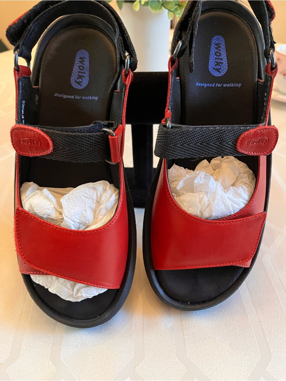 Wolky Red and Black Leather Open-Toe Women's Sandals. Originally $198.
